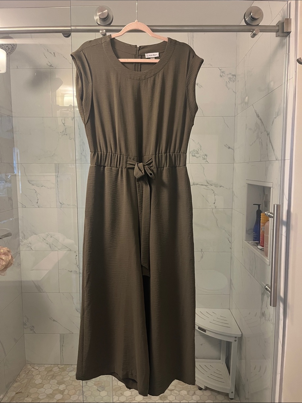 Calvin Klein Olive Green Sleeveless Wide-Leg Jumpsuit with Tie Waist
